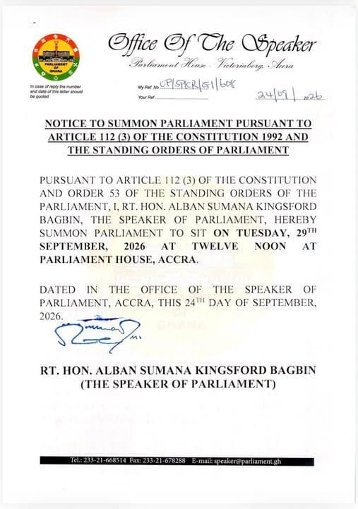 Speaker Bagbin Recalls Parliament to sit on September 29