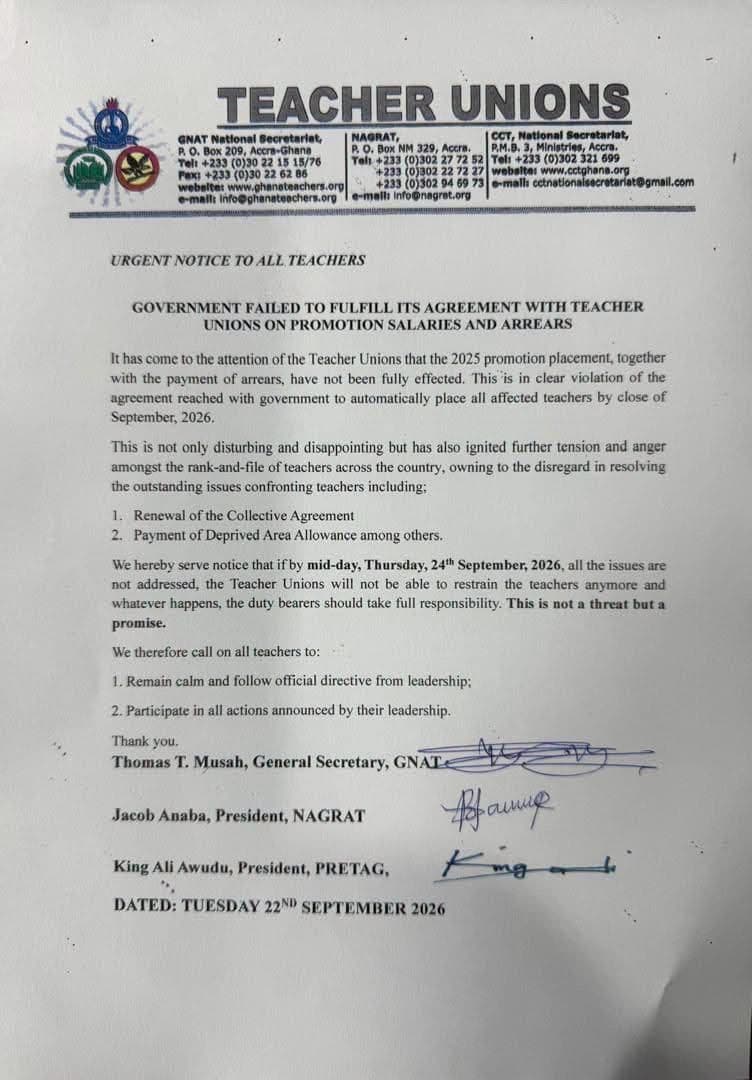 Teacher Unions Warn Government of Possible Action Over Unpaid Promotion Arrears
